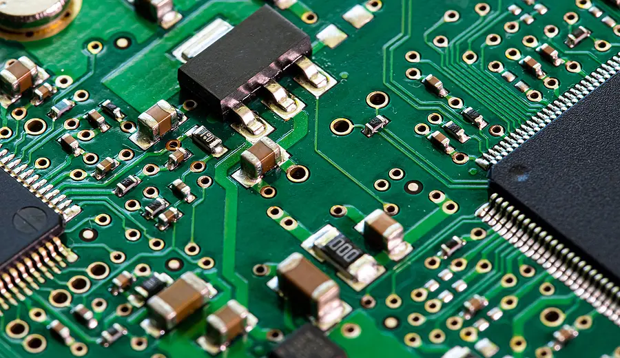 close up adjacent angle photo of a printed circuit board