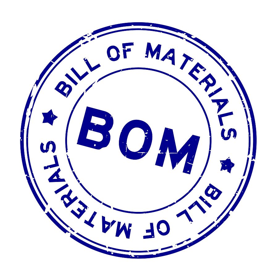 BOM Bill of Materials traditional stamp with BOM in the center of a circle and the words Bill of Materials displayed in a circle around it.